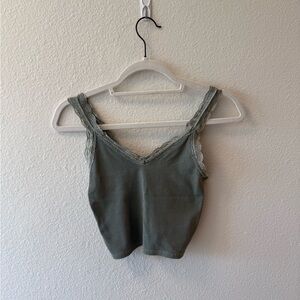 Lace Trim Ribbed Tank Top - Gray